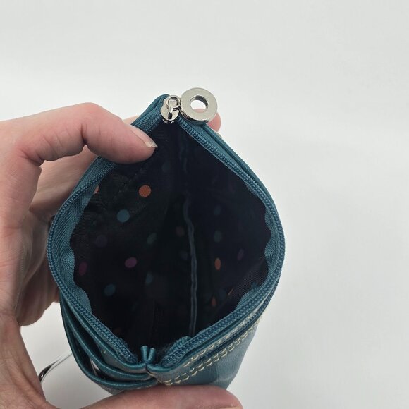 Buxton Teal Pebbled Leather Zip ID Wallet Coin Purse Card Holder Polka Dot Linin - Picture 3 of 4